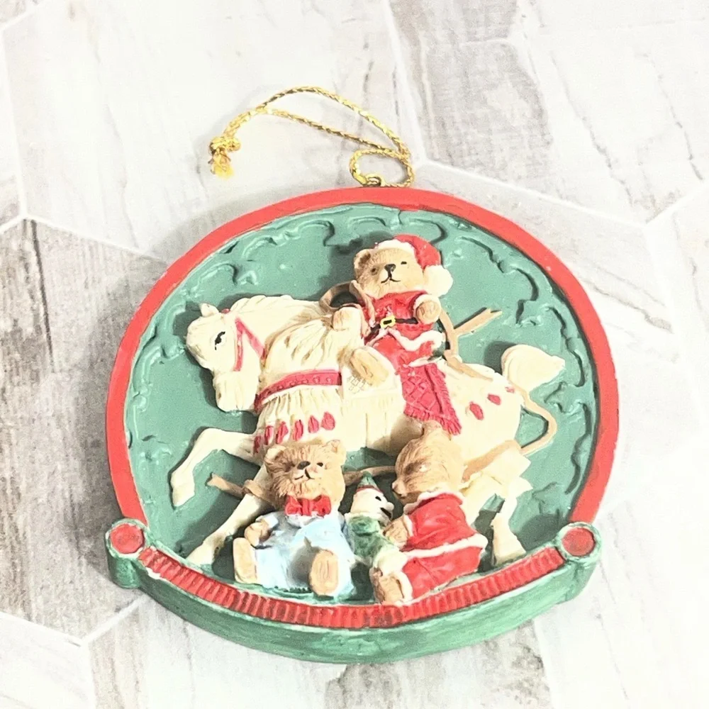 Vintage Style Teddy Bear Rocking Horse Christmas Ornament Resin